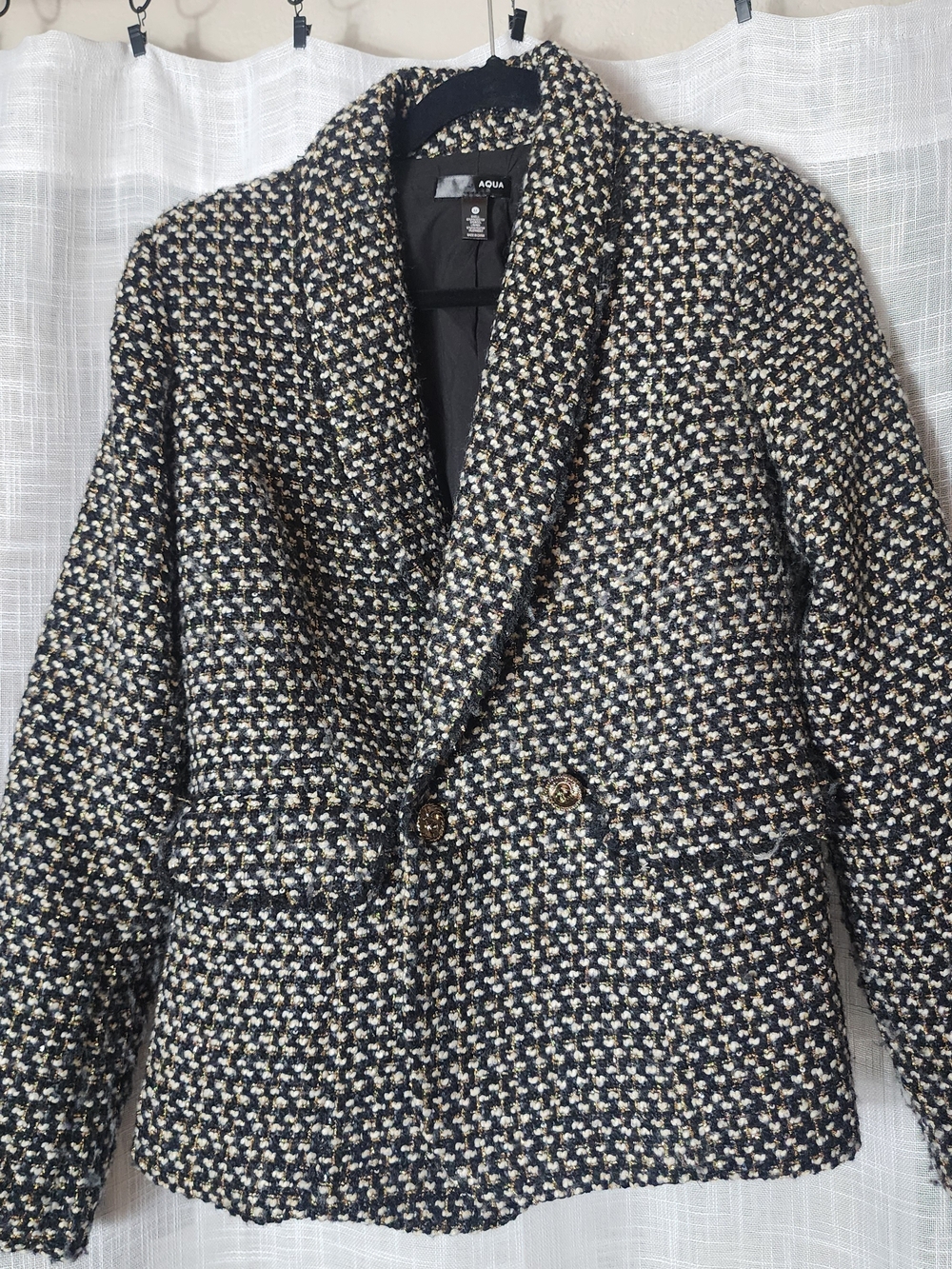 AQUA Boucle Tweed Double Breasted Blazer Black Cream Gold Sz M